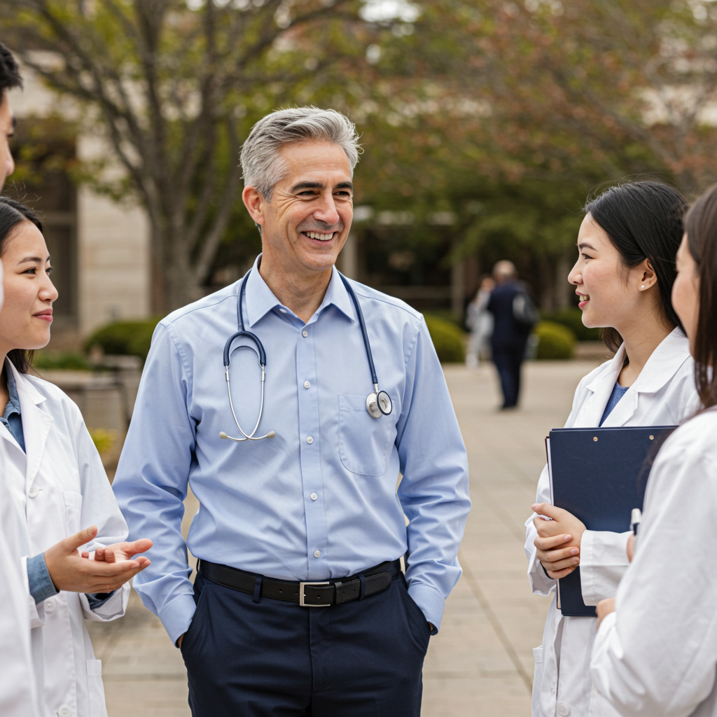 Chiropractic professor chatting with students